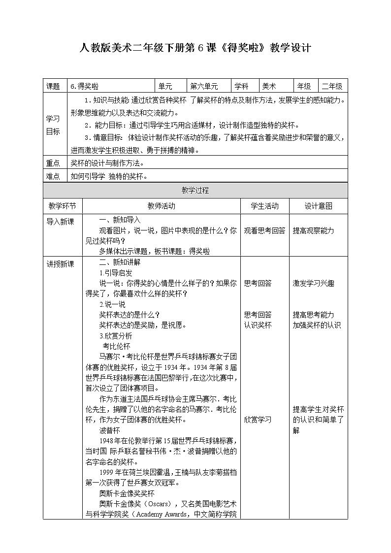 人教版 美術(shù) 二年級下冊 第六課《得獎啦》教案第1頁