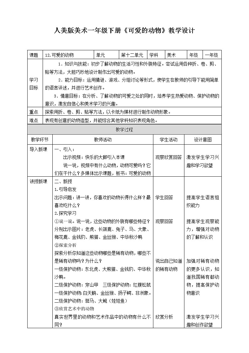 人美版美术一年级下册第十二课《可爱的动物》教案第1页