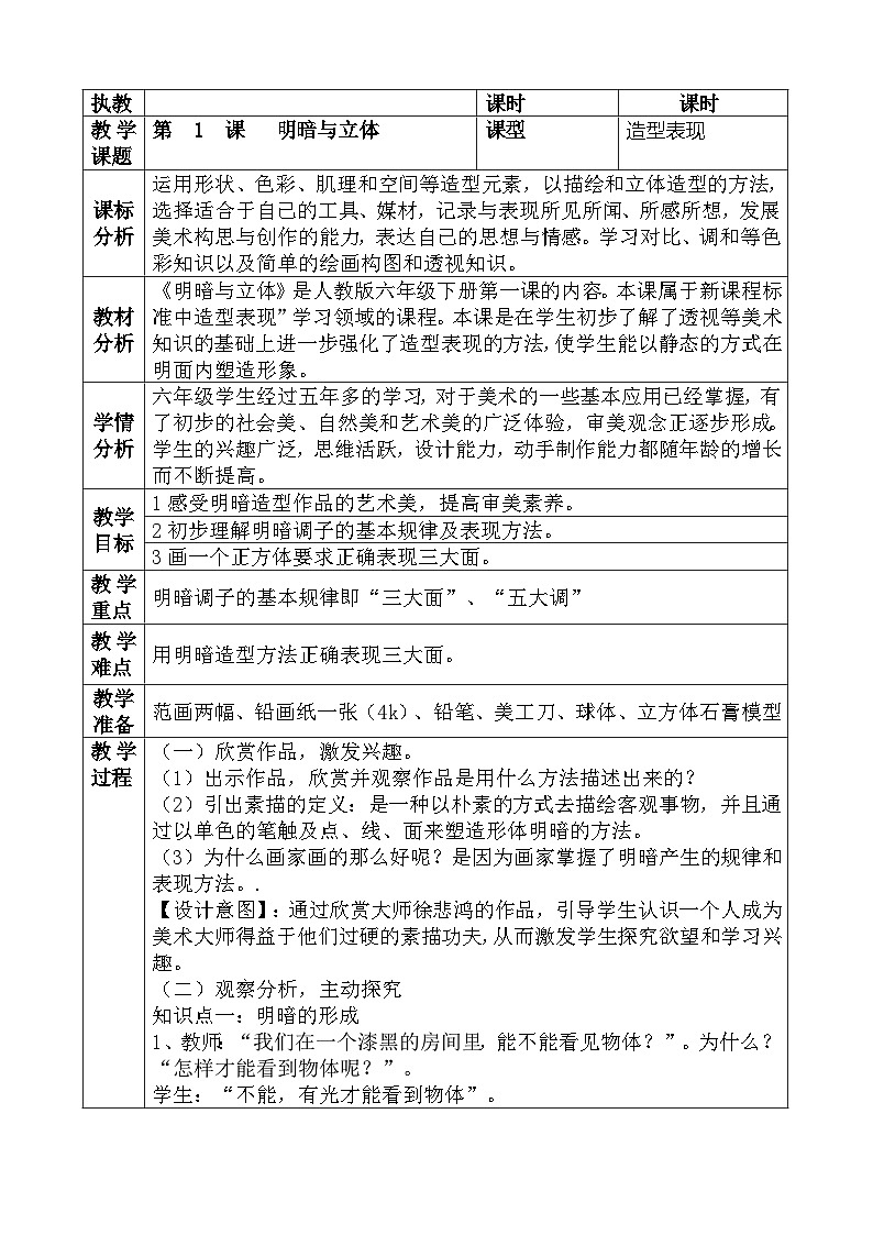 人教版小学美术六年级下册表格式教案+单元教学计划+反思01