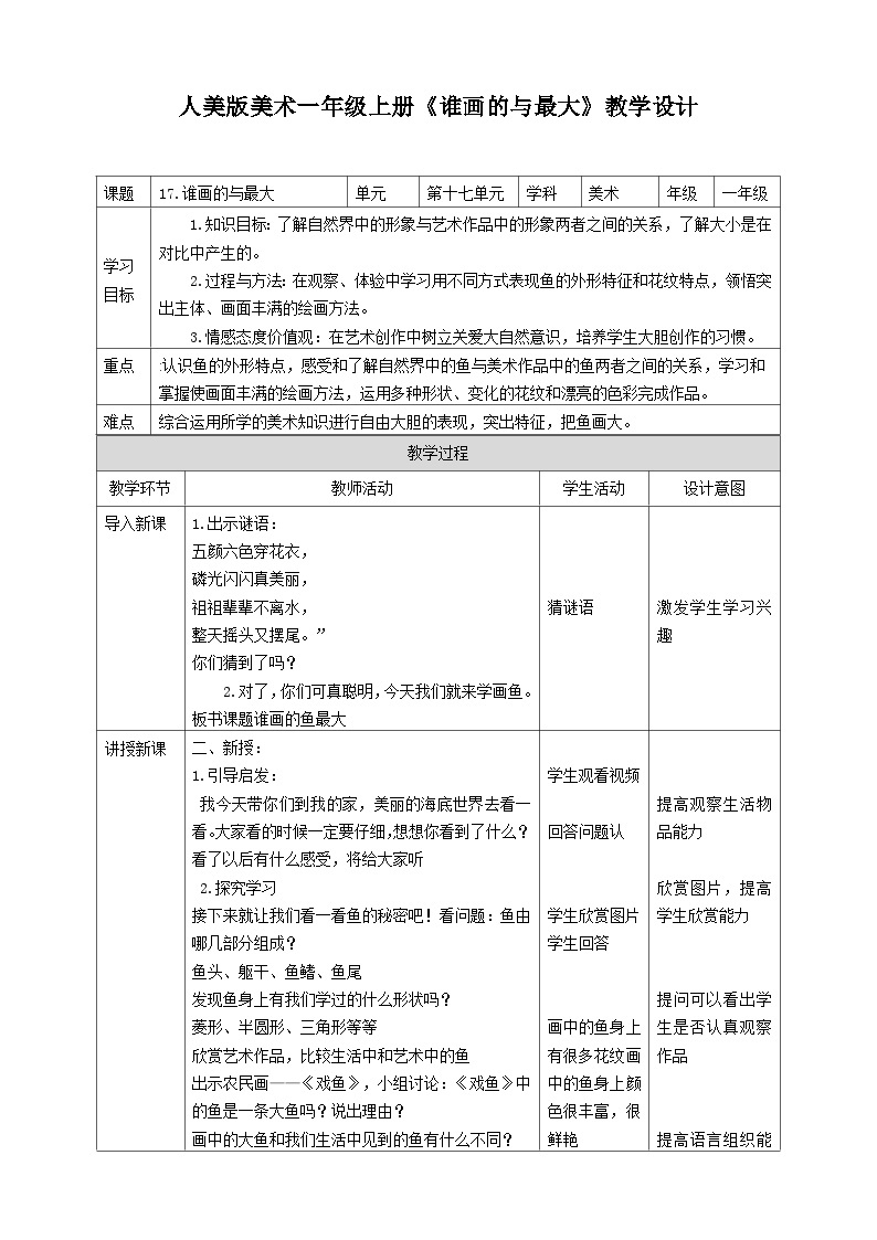 人美版美术一年级上册 第17课 《谁画的鱼最大》  课件+教案+说课稿+素材01