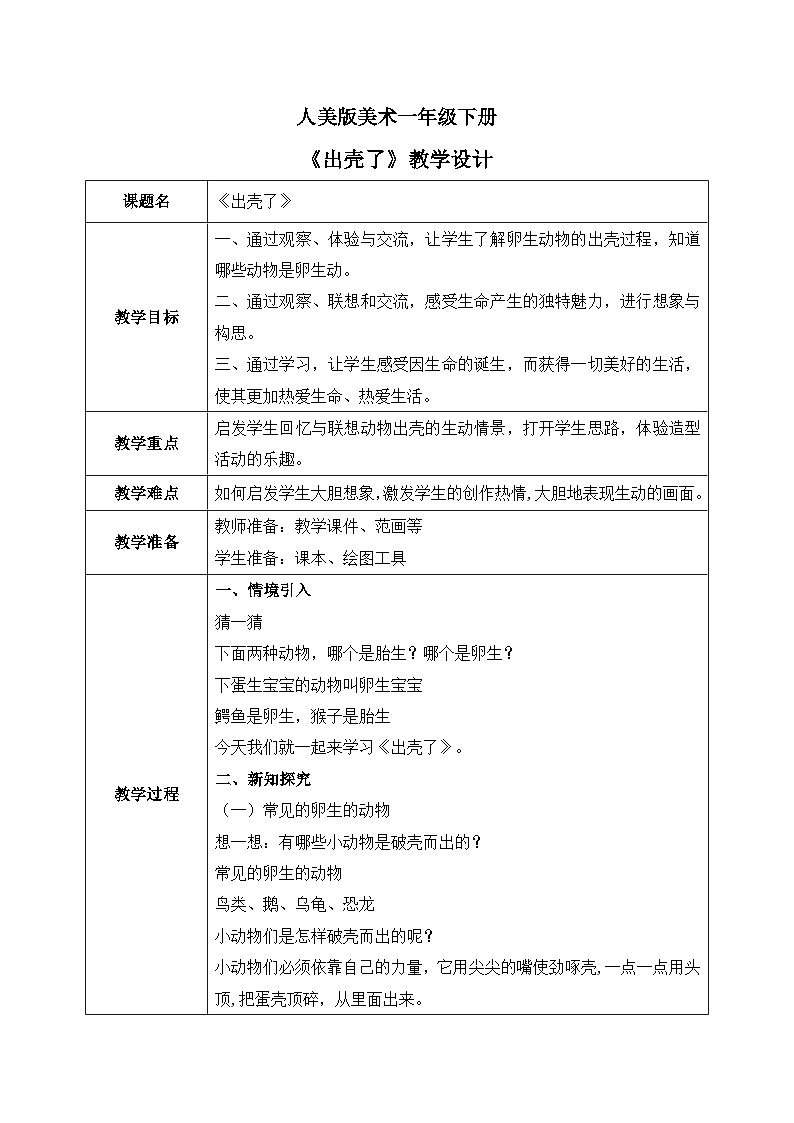 人美版美术一下3.《出壳了》教学设计01