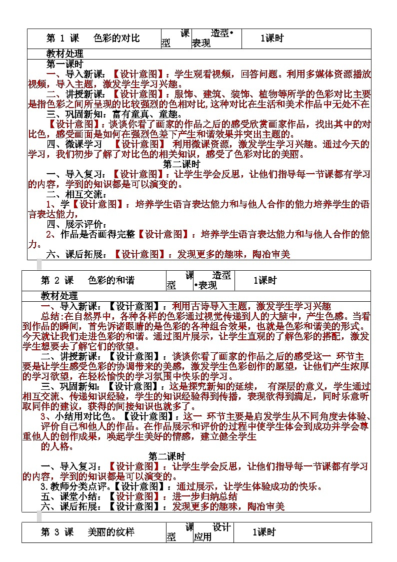 人教版小学美术五年级上册教案备课设计意图参考版第1页