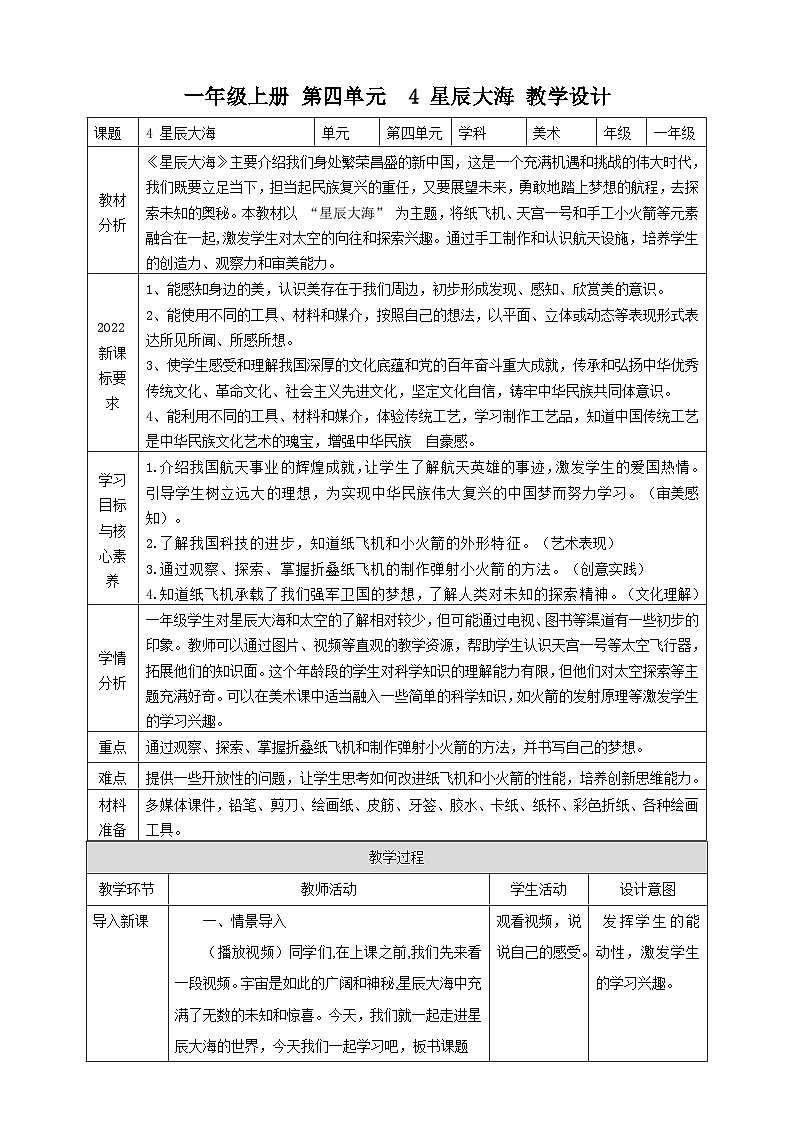 【人教版】美术 一年级上册 第四单元 4 星辰大海 课时教案第1页