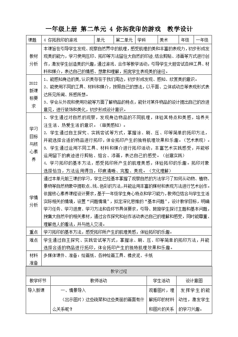 【人美版】美术 一年级上册 第二单元 4 你拓我印的游戏 课时教案第1页