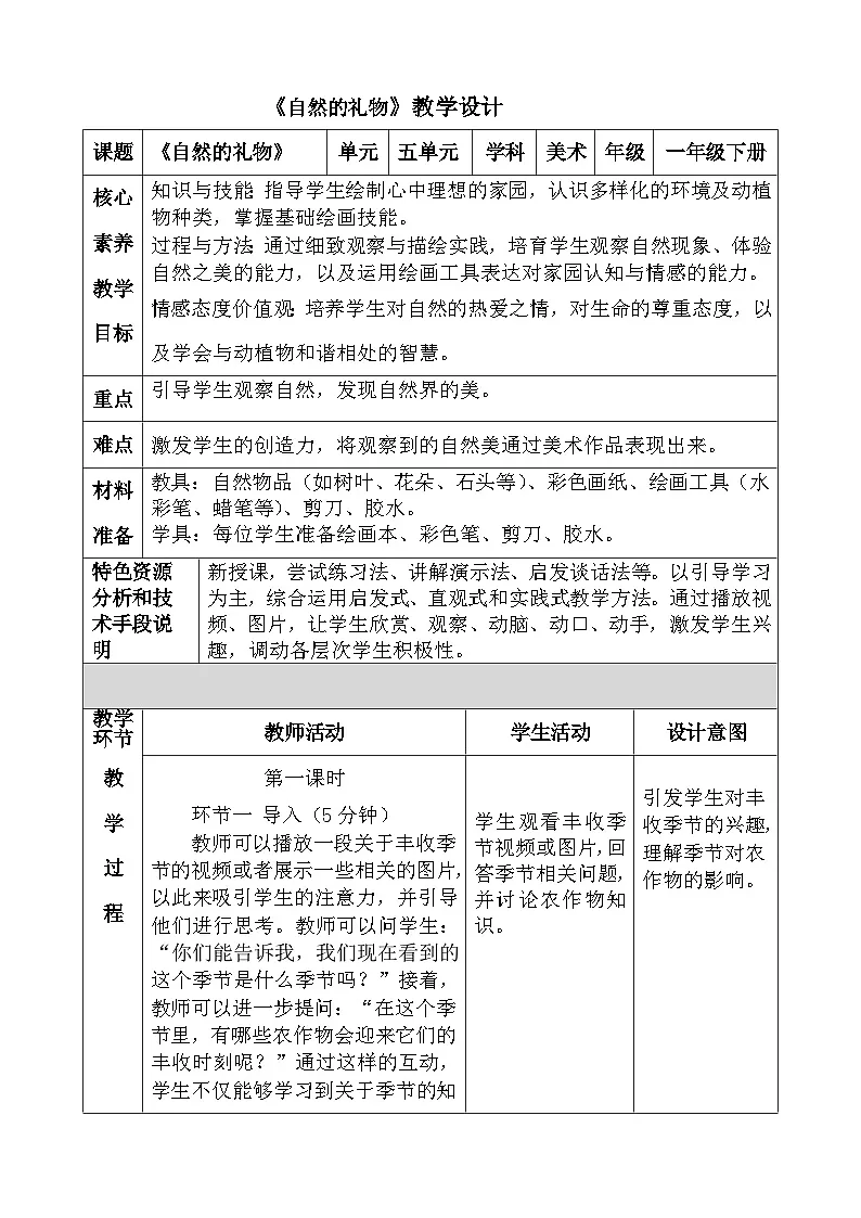 人美版小学美术一年级下册《自然的礼物》教案第1页