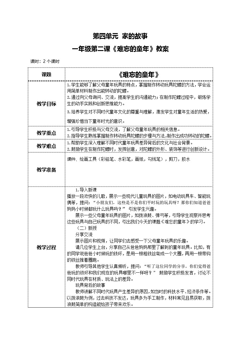 美术人教版一年级下册 第二课《难忘的童年》教案第1页