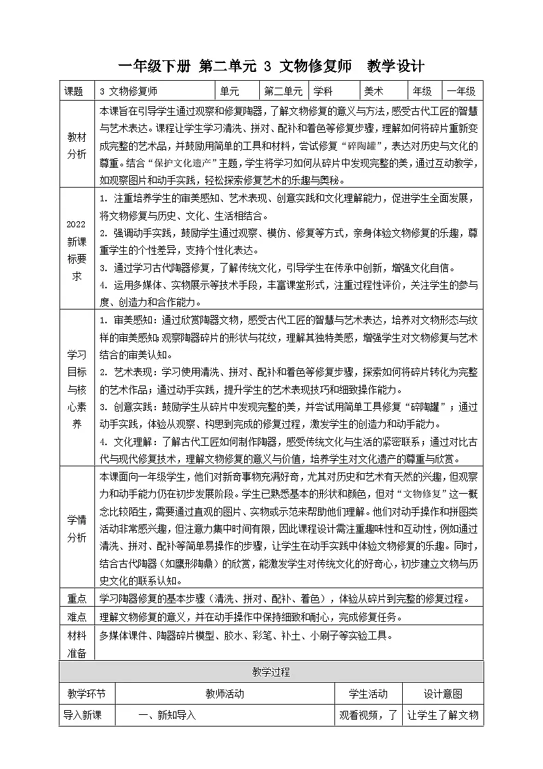 【核心素养优质课】人教版美术一年级下册第2单元第3课《文物修复师》核心素养教案第1页