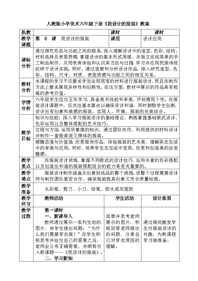 人教版小学美术六年级下册《 我设计的服装 》教案第1页