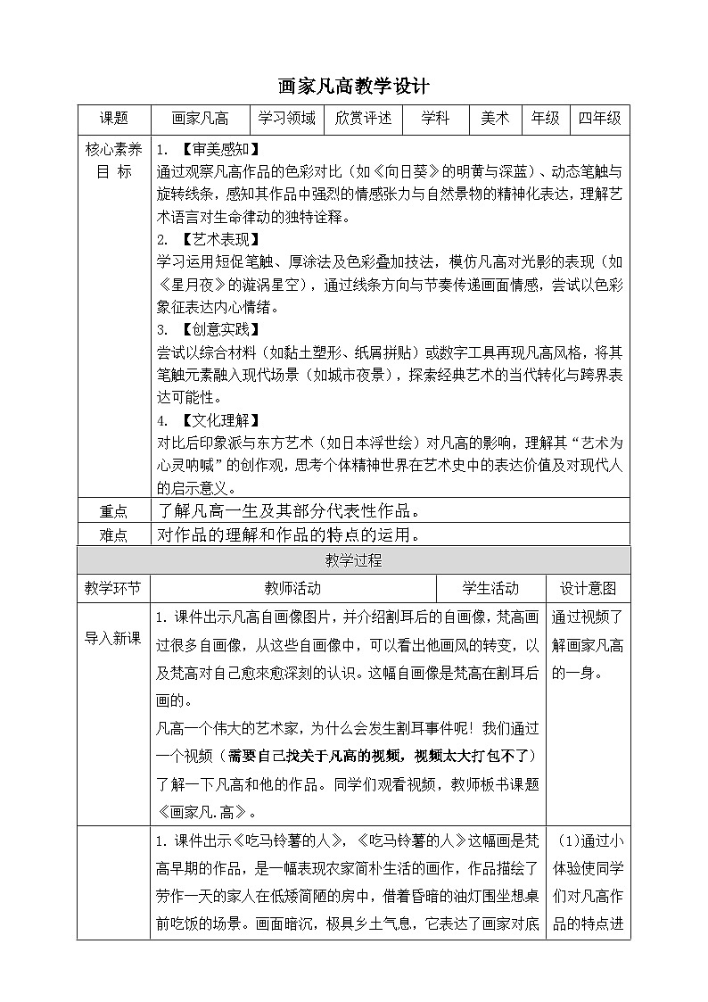 第十七課《畫家凡高》教學設計第1頁