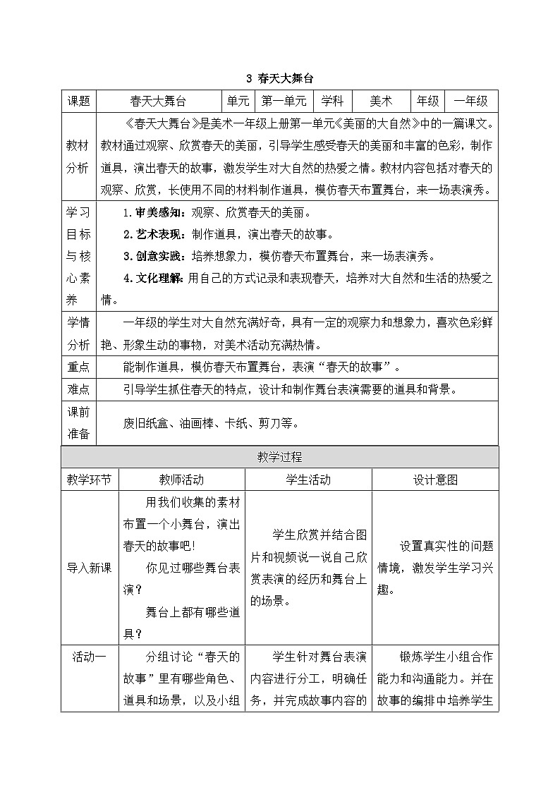 新人美版美術(shù)一下 1-3《春天大舞臺(tái)》教案第1頁(yè)