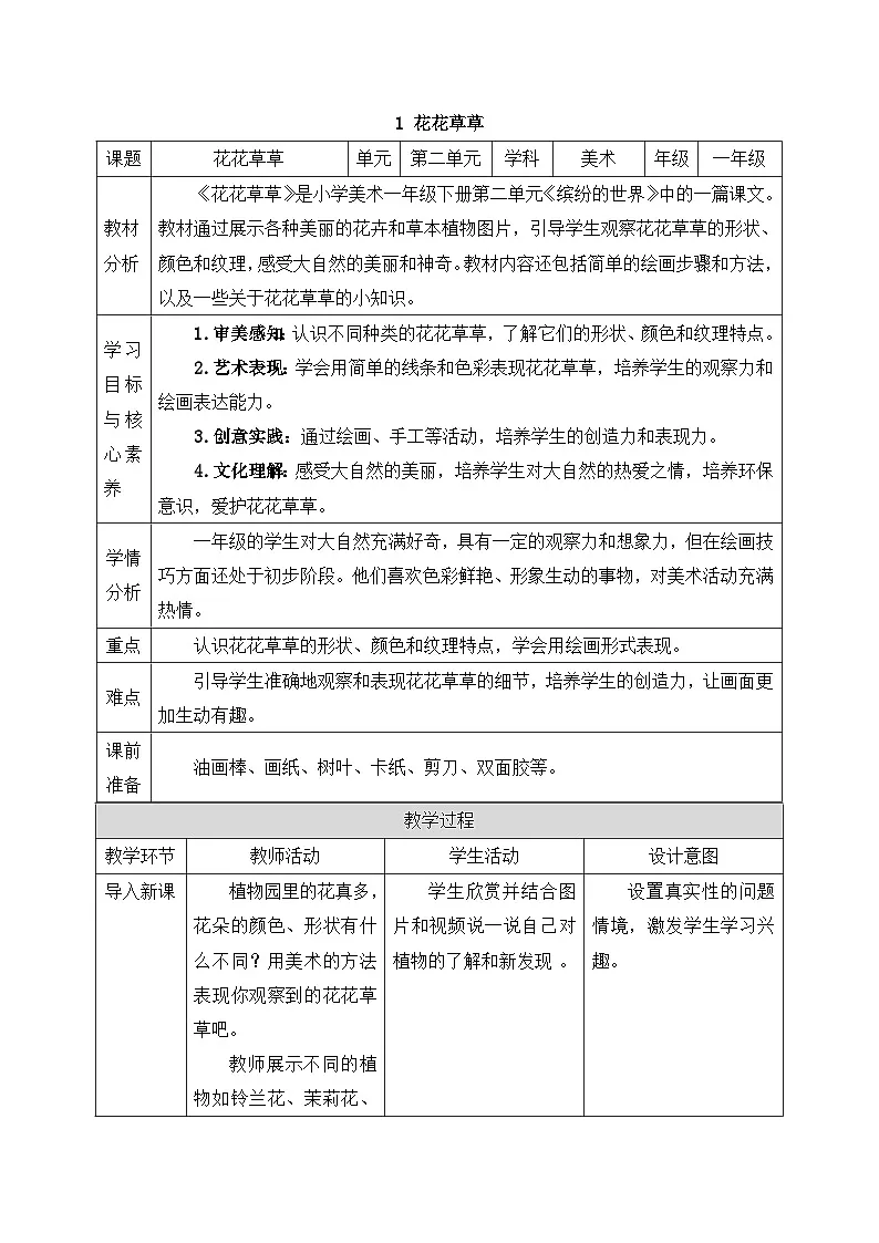 新人美版美术一下 2-1《花花草草》教案第1页
