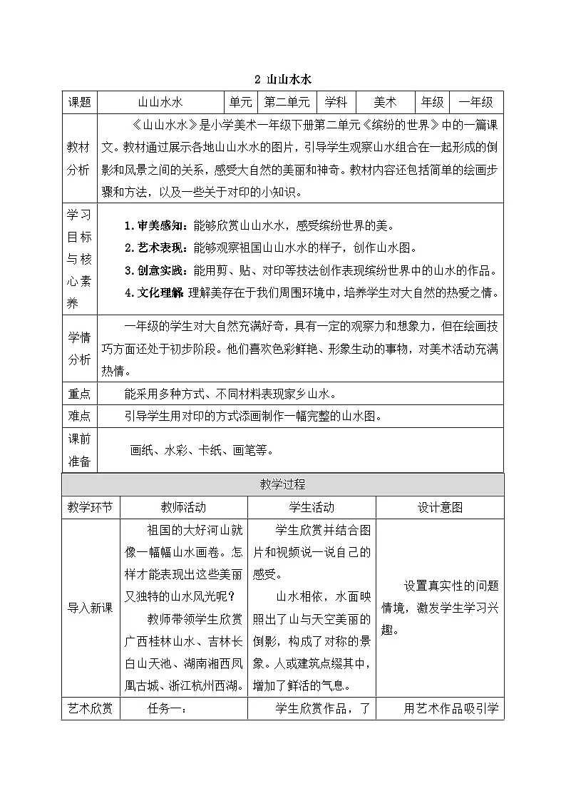 新人美版美术一下 2-2《山山水水》教案第1页