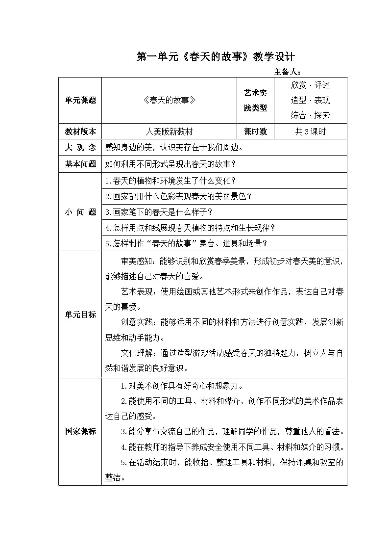 新人美版美术 第一单元《春天的故事》大单元表格式教学设计第1页