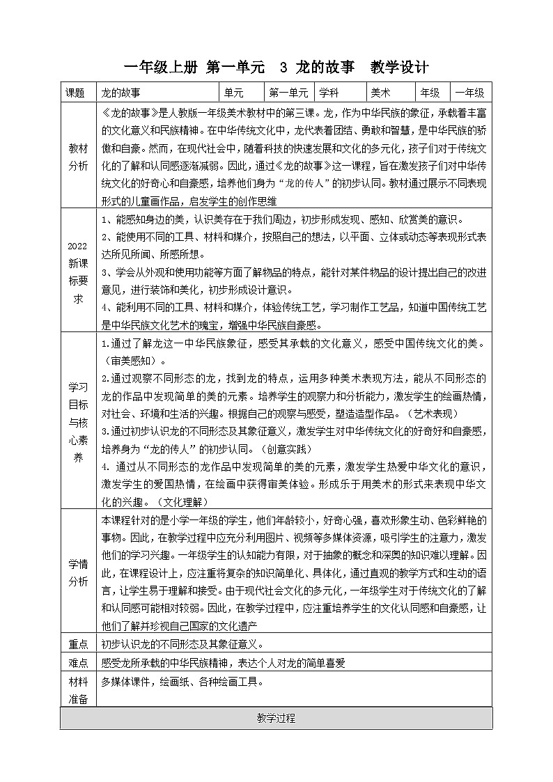 【人教版】美术 一年级上册 第一单元 3 龙的故事 课时教案第1页