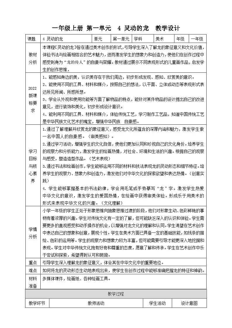 【人教版】美术 一年级上册 第一单元 4 灵动的龙 课时教案第1页