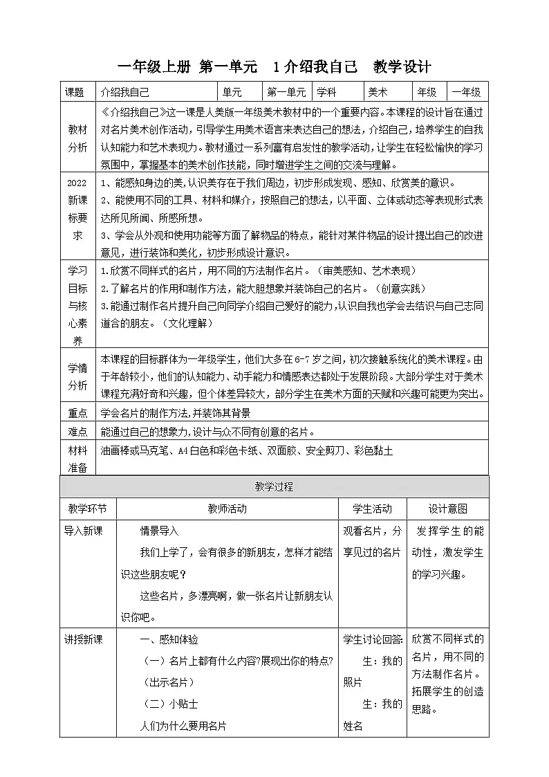 【人美版】美术 一年级上册 第一单元 1介绍我自己 课时教案第1页