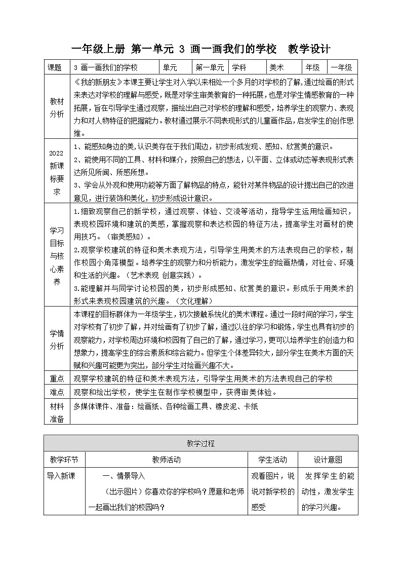 【人美版】美术 一年级上册 第一单元 3 画一画我们的学校 课时教案第1页
