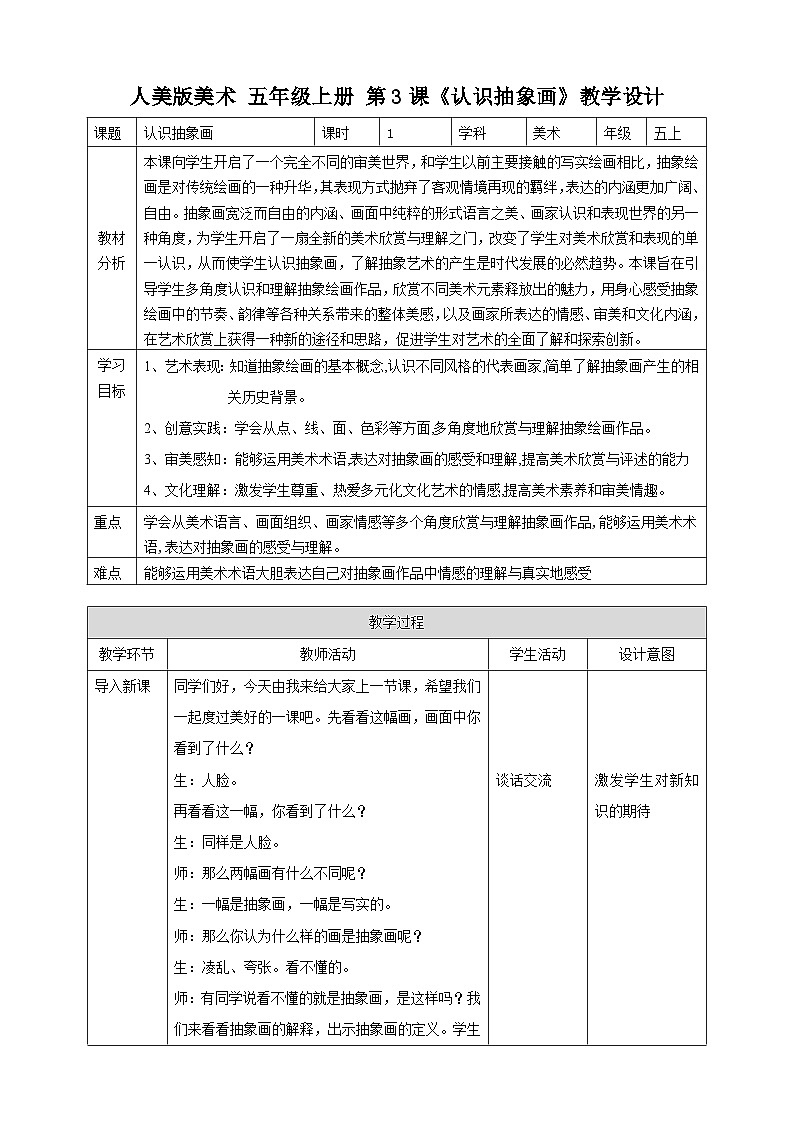 第3課《認(rèn)識抽象畫》教案（表格式）第1頁
