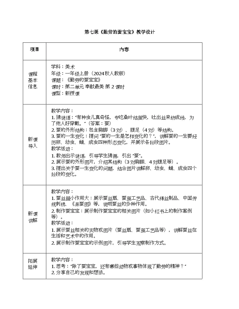 人教版(2024)一年级上册美术第七课《 勤劳的蚕宝宝》 教学设计第1页