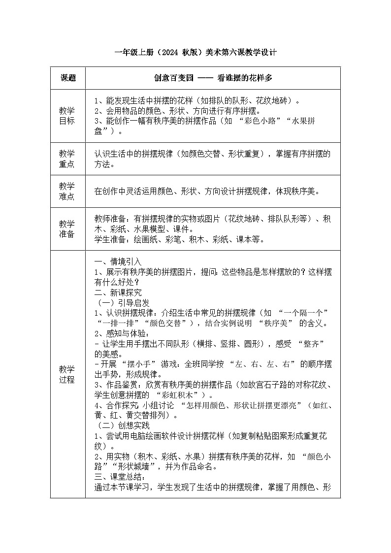 人美版(2024)一年级上册美术《看谁摆的花样多》教案第1页