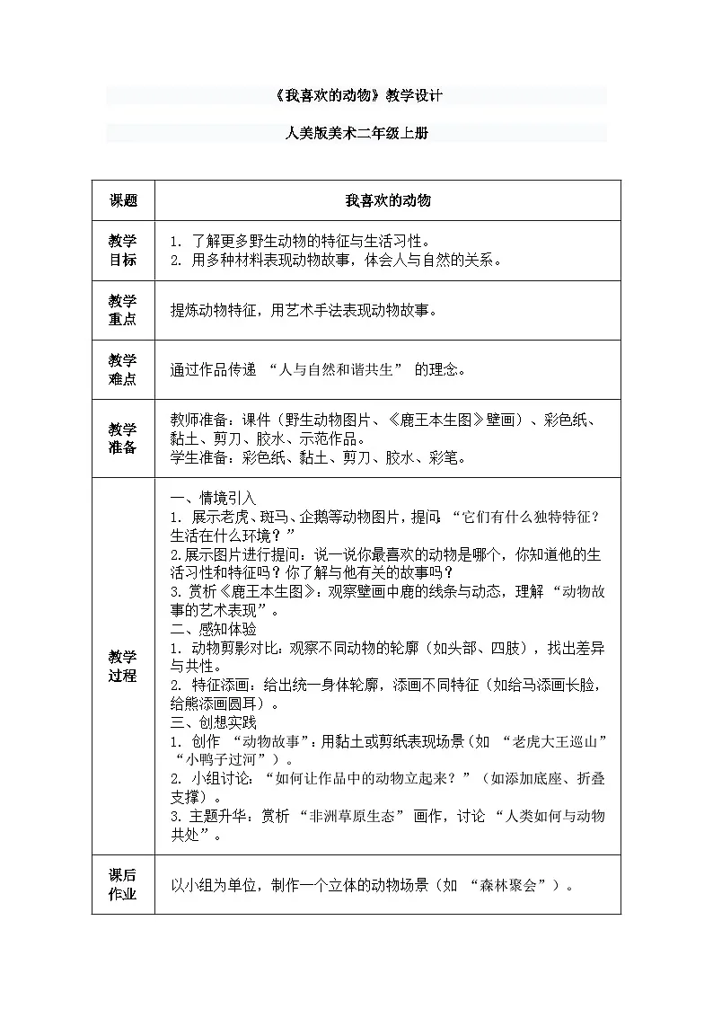 人美版(2024)美术--二年级上第七课《我喜欢的动物》教案第1页
