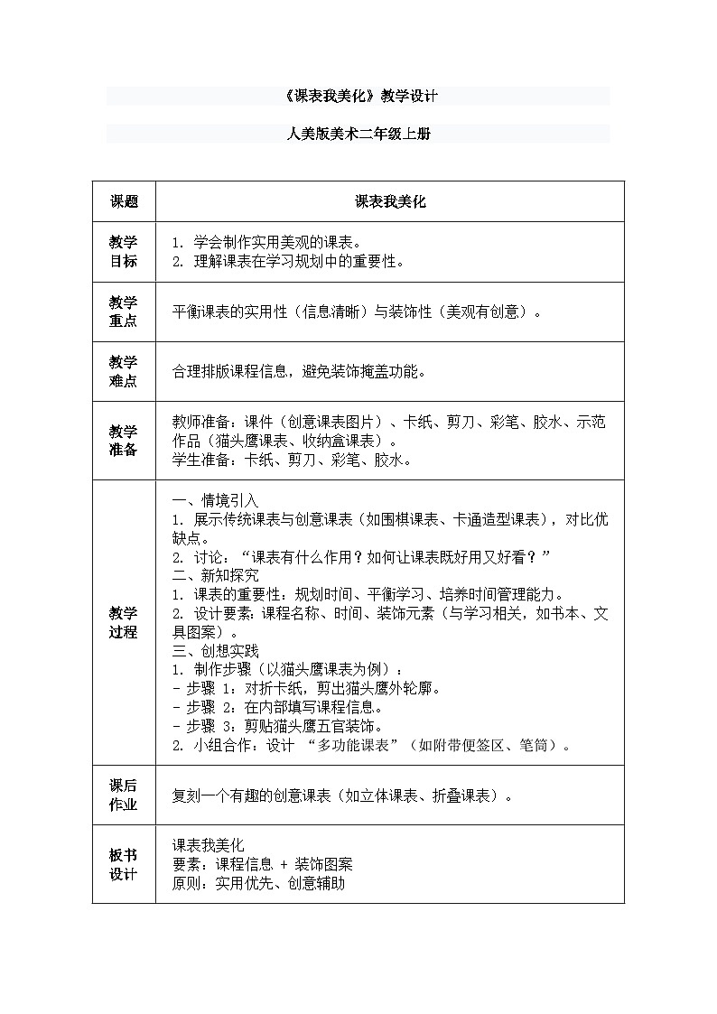 人美版(2024)美术--二年级上第九课《课表我美化》教案第1页