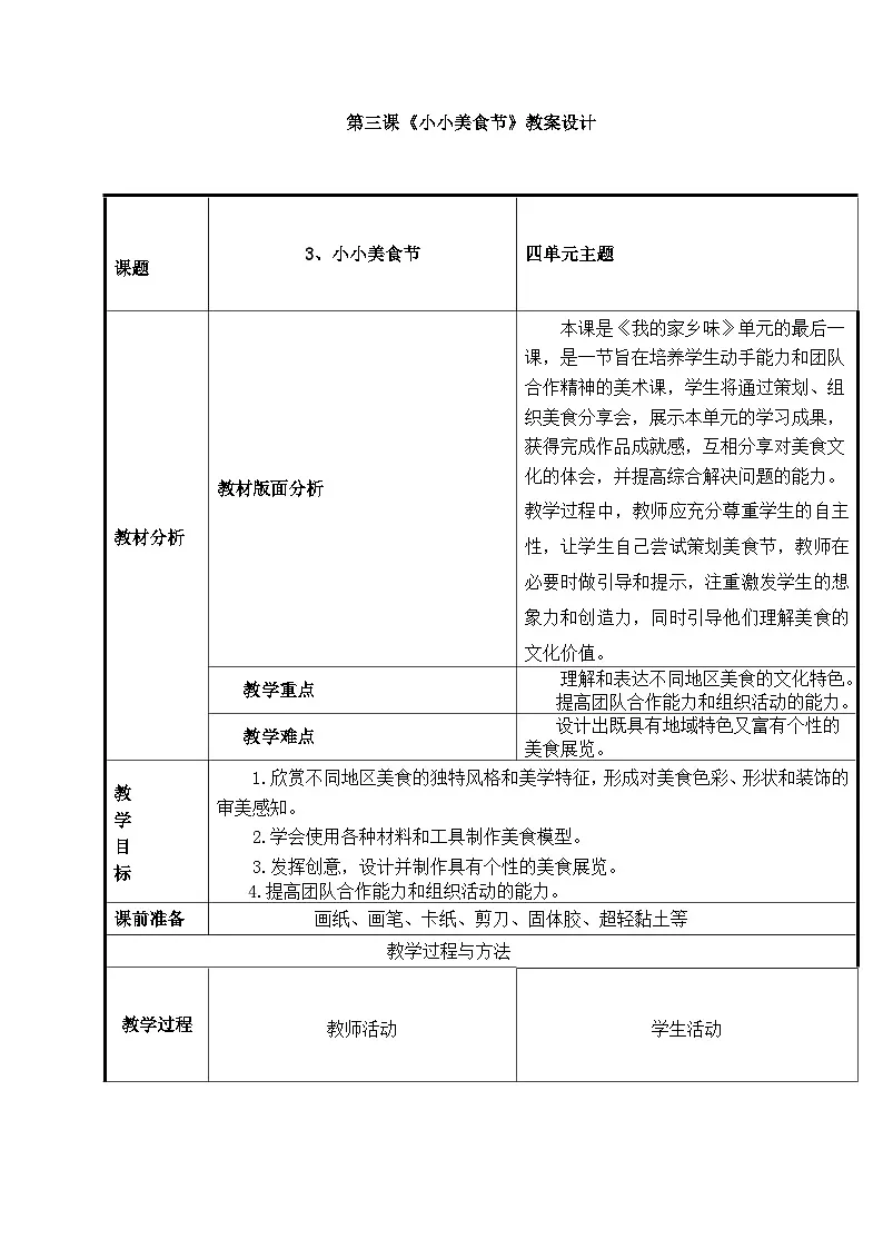 人美版一年级上册(2024秋版)美术4.3《小小美食节》教案 第1页