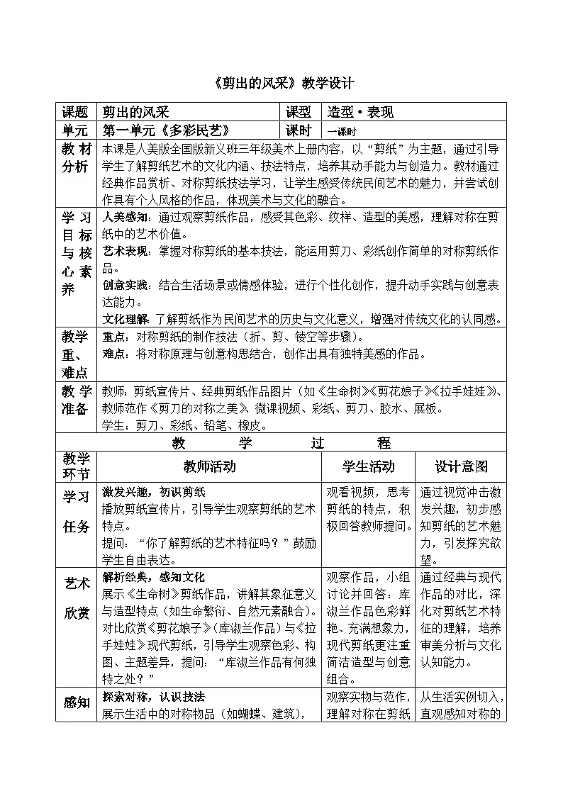 人美版小学三年级美术上册第一单元第二课《剪出的风采》教案第1页