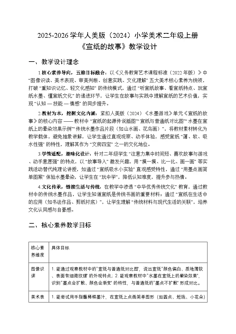 2025-2026学年人美版(2024)小学美术二年级上册第二单元第一课《宣纸的故事》教学设计第1页