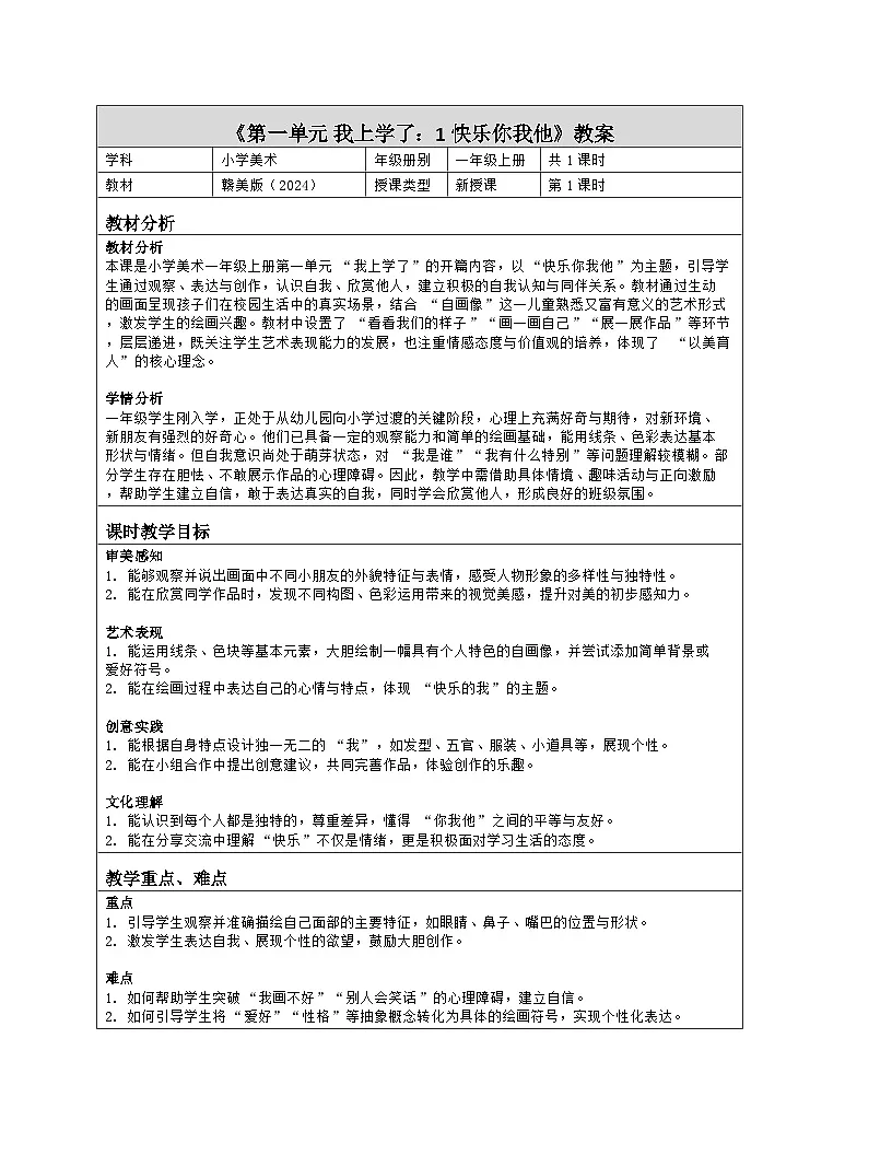 《第一单元 我上学了:1 快乐你我他》教学设计(表格版)-2024-2025学年第一学期赣美版(2024)美术一年级上册第1页