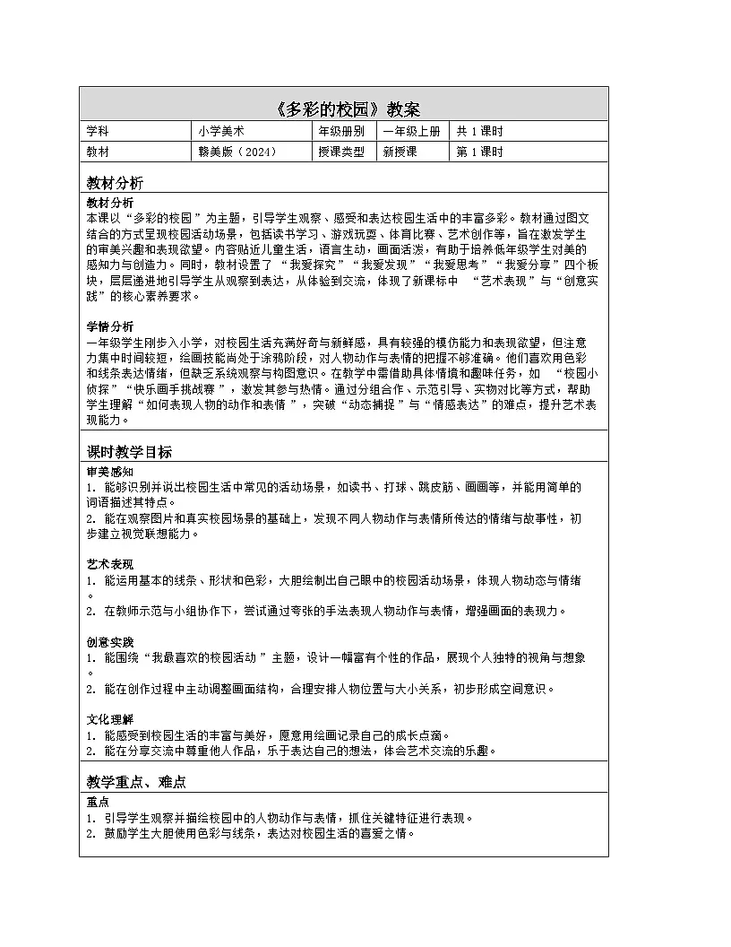 《第一单元 我上学了:2 多彩的校园》教学设计(表格版)-2024-2025学年第一学期赣美版(2024)美术一年级上册第1页