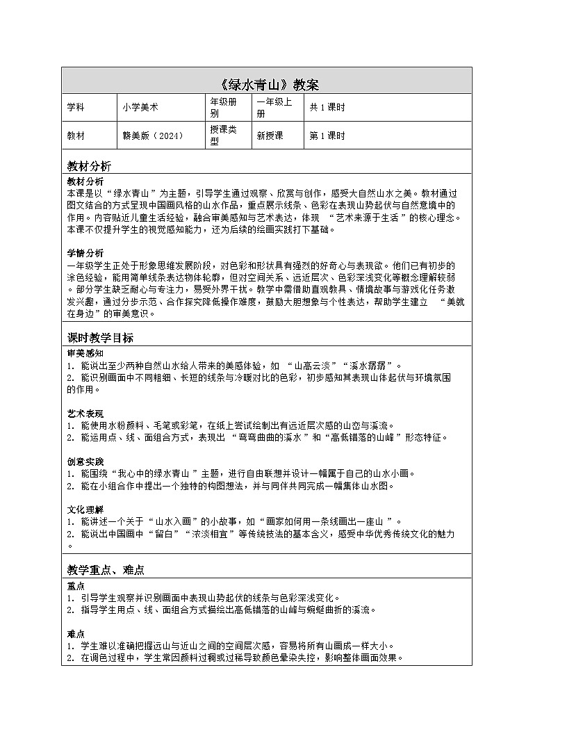 《第二单元 美丽的大自然:6 绿水青山》教学设计(表格版)-2024-2025学年第一学期赣美版(2024)美术一年级上册第1页