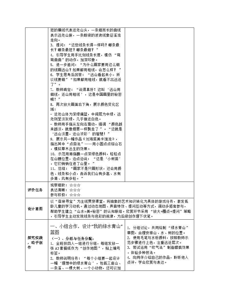 《第二单元 美丽的大自然:6 绿水青山》教学设计(表格版)-2024-2025学年第一学期赣美版(2024)美术一年级上册第3页