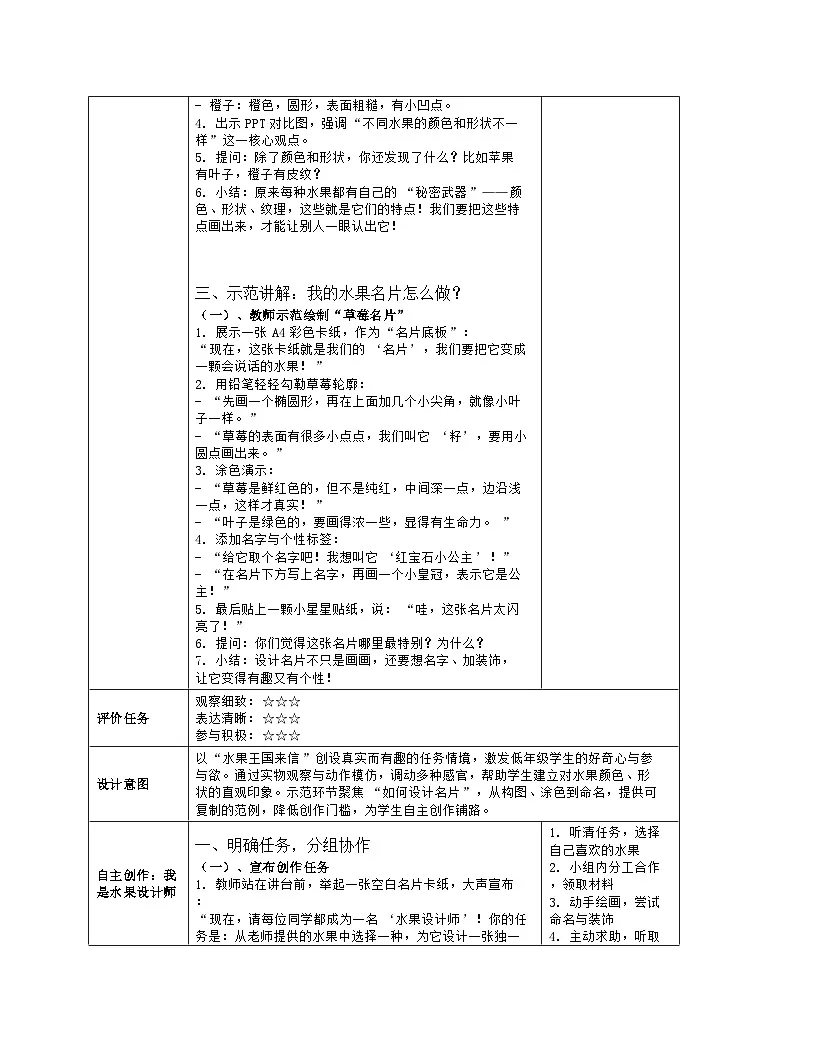 《第三单元 瓜果飘香:7 香甜的水果》教学设计(表格版)-2024-2025学年第一学期赣美版(2024)美术一年级上册第3页