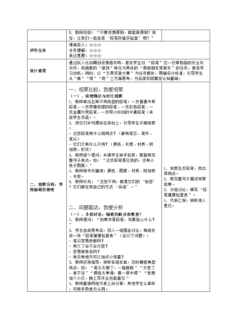 《第四单元 文具巧装饰:10 铅笔穿新衣》教学设计(表格版)-2024-2025学年第一学期赣美版(2024)美术一年级上册第3页