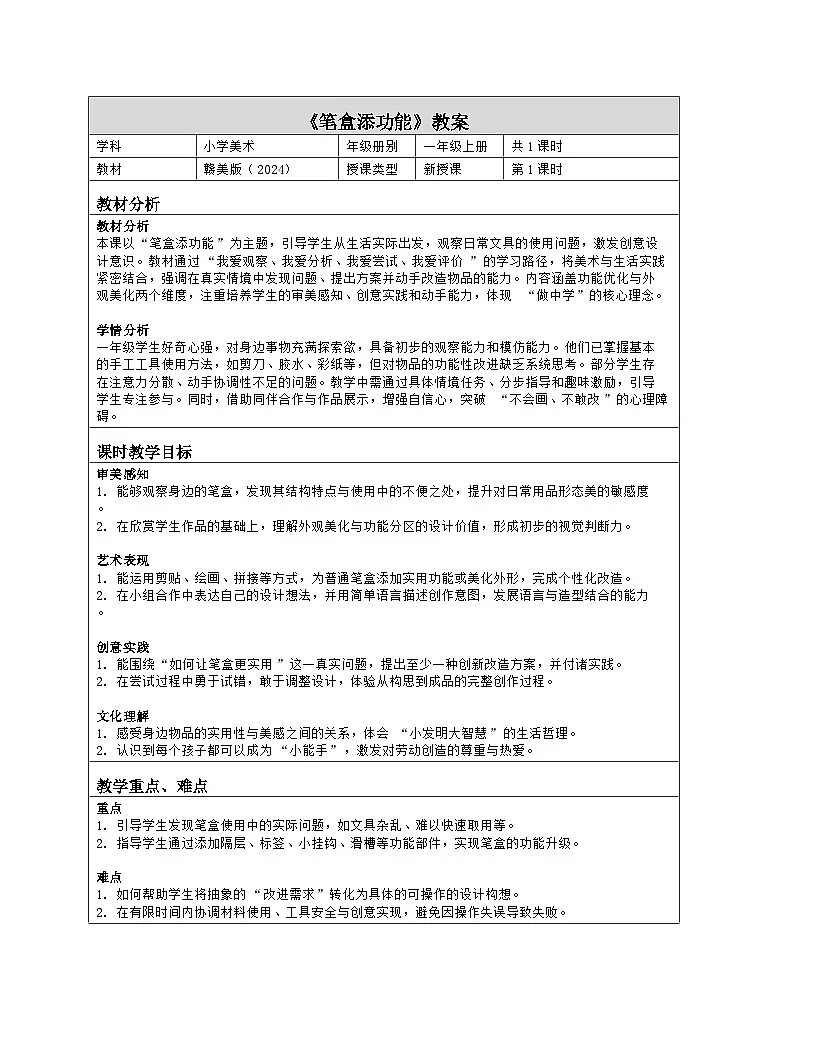 《第四单元 文具巧装饰:11 笔盒添功能》教学设计(表格版)-2024-2025学年第一学期赣美版(2024)美术一年级上册第1页