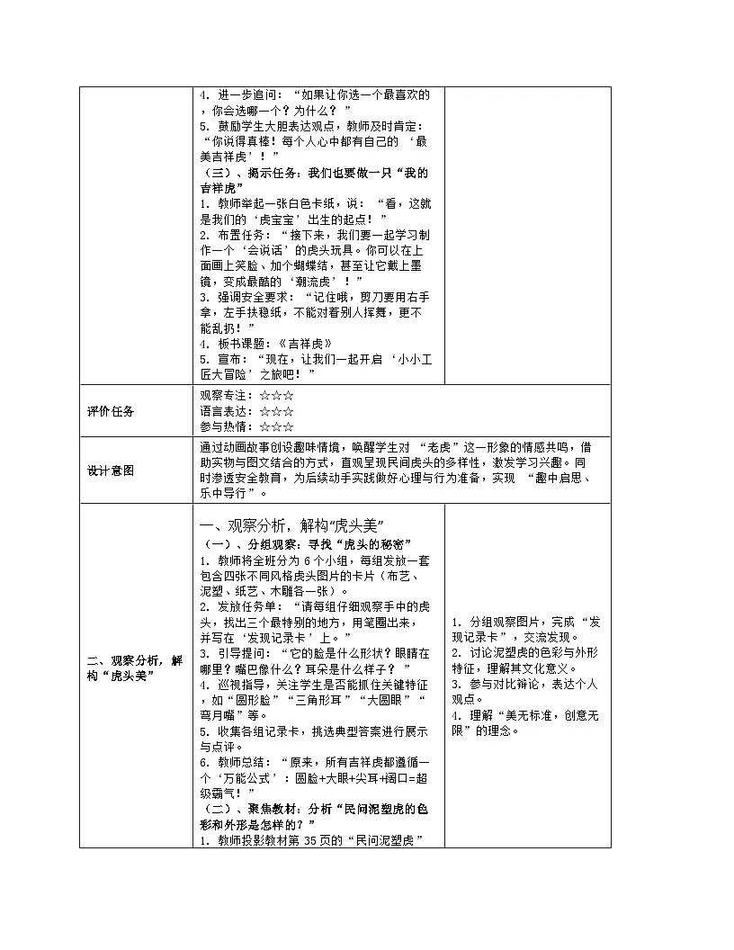 《第五单元 民间好手艺:14 吉祥虎》教学设计(表格版)-2024-2025学年第一学期赣美版(2024)美术一年级上册第3页