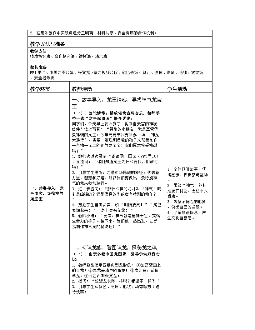 《第五单元 民间好手艺:15 中国龙》教学设计(表格版)-2024-2025学年第一学期赣美版(2024)美术一年级上册第2页