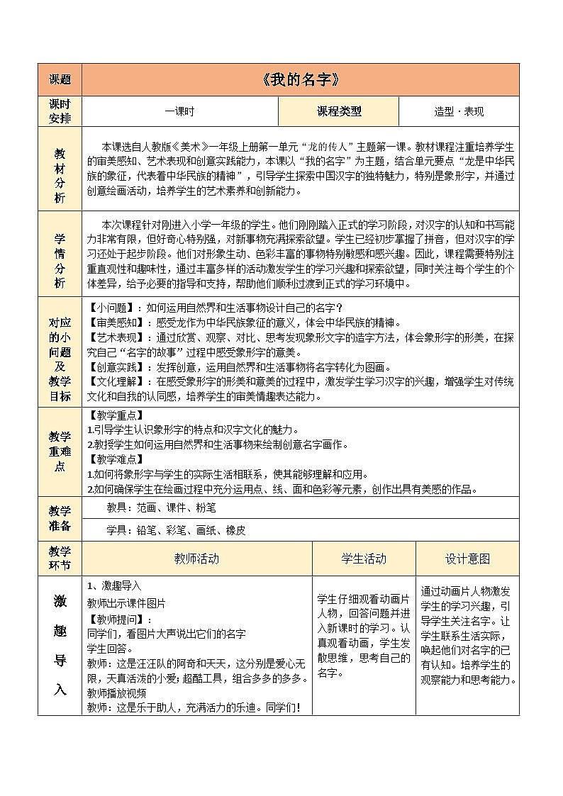 1.我的名字(教案)人教版一年级上册美术(新教材)第1页