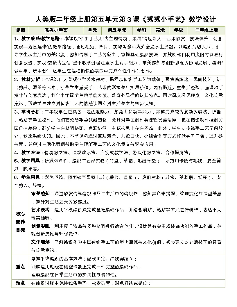 人美版美术二上第5单元第3课《秀秀小手艺》教学设计第1页