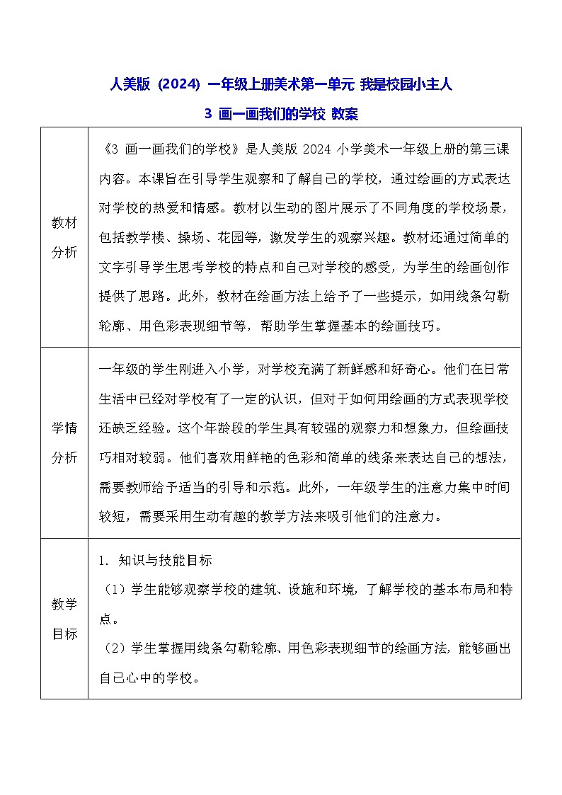 人美版(2024)一年级上册美术-第一单元 我是校园小主人 3 画一画我们的学校 教案第1页