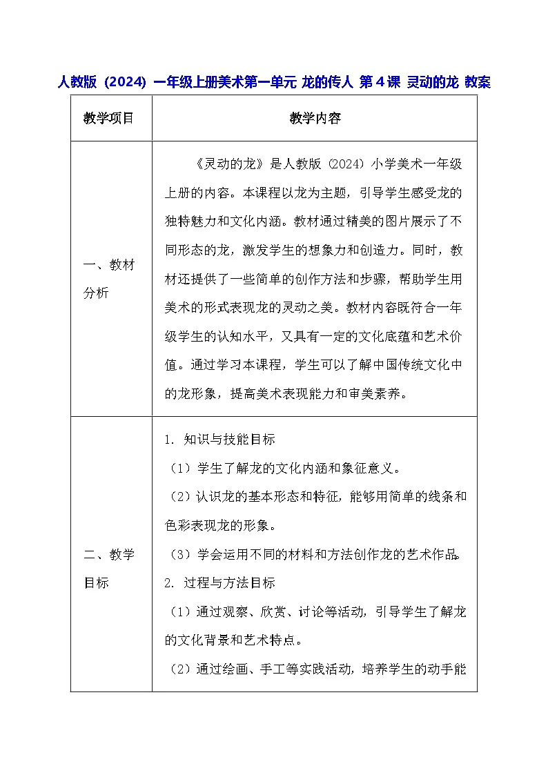 人教版(2024)一年级上册美术第一单元 龙的传人 第四课 灵动的龙 教案第1页