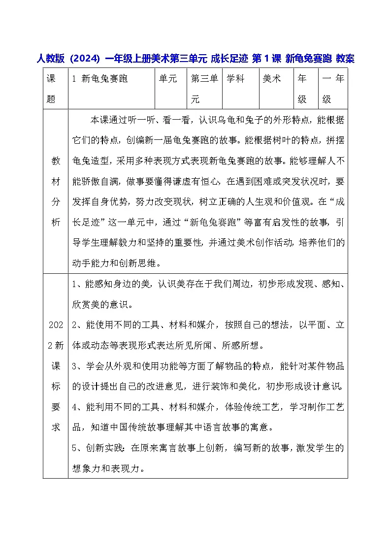 人教版(2024)一年级上册美术第三单元 成长足迹 第一课 新龟兔赛跑 教案第1页