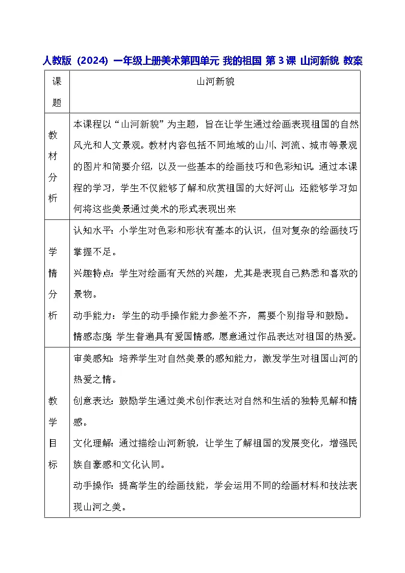 人教版(2024)一年级上册美术第四单元 我的祖国 第三课 山河新貌 教案第1页