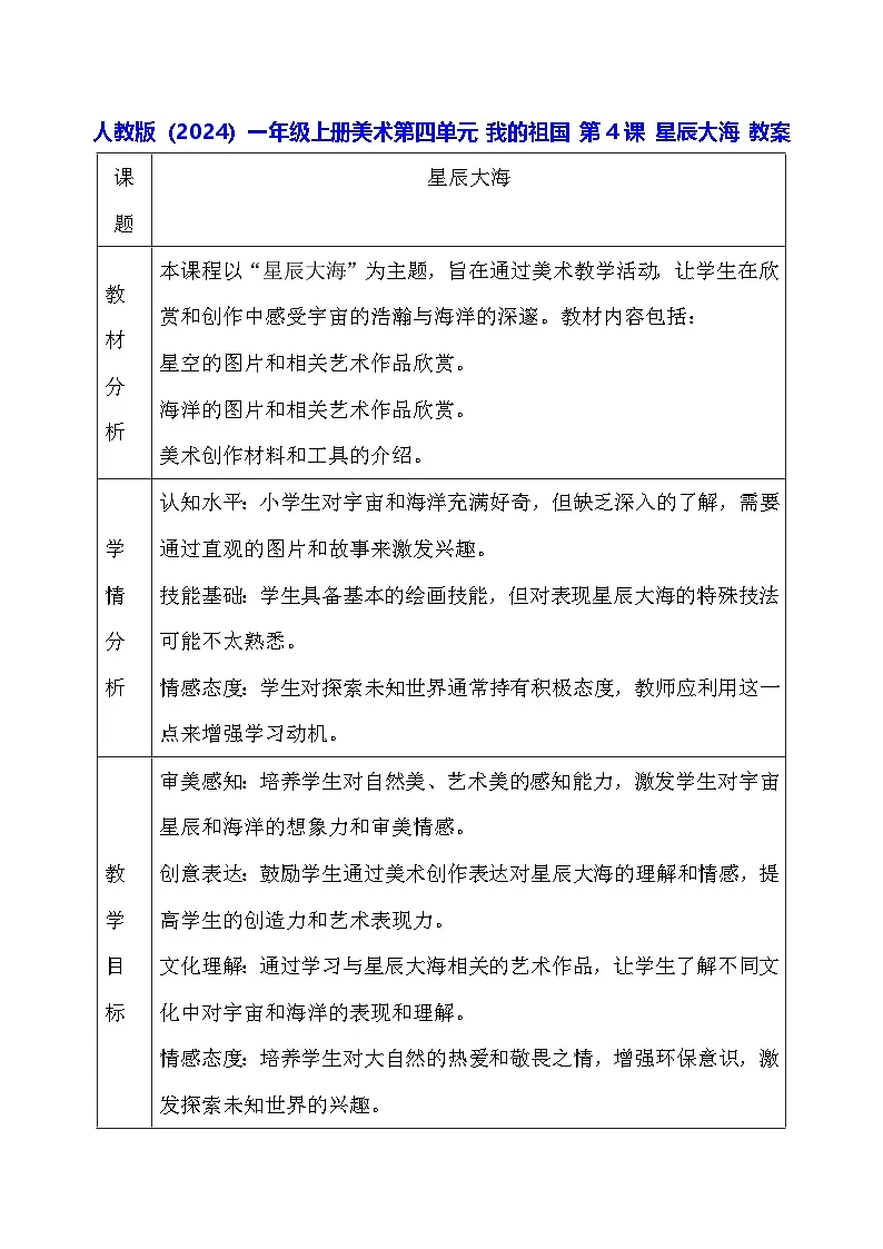 人教版(2024)一年级上册美术第四单元 我的祖国 第四课 星辰大海 教案第1页