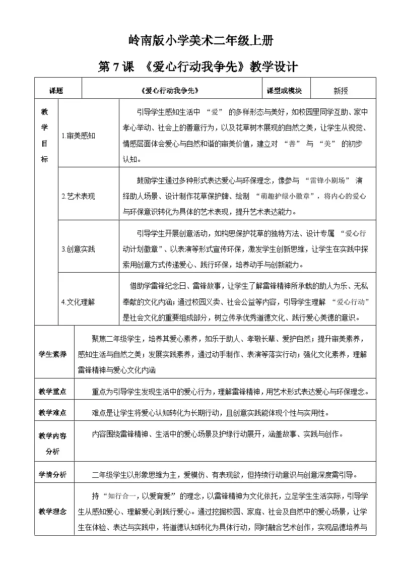 2025年岭南版美术新教材二年级上册第7课《爱心行动我争先》教学设计第1页