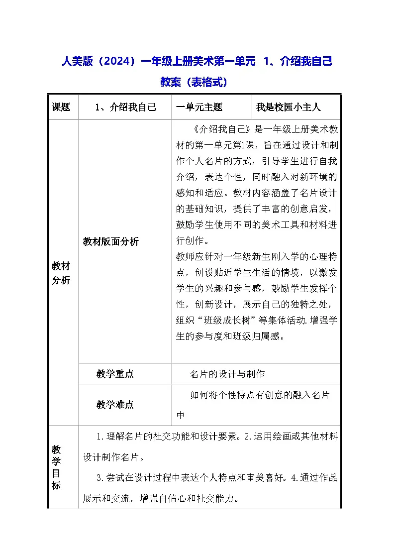 人美版(2024)一年级上册美术第一单元 1、介绍我自己 教案(表格式)第1页