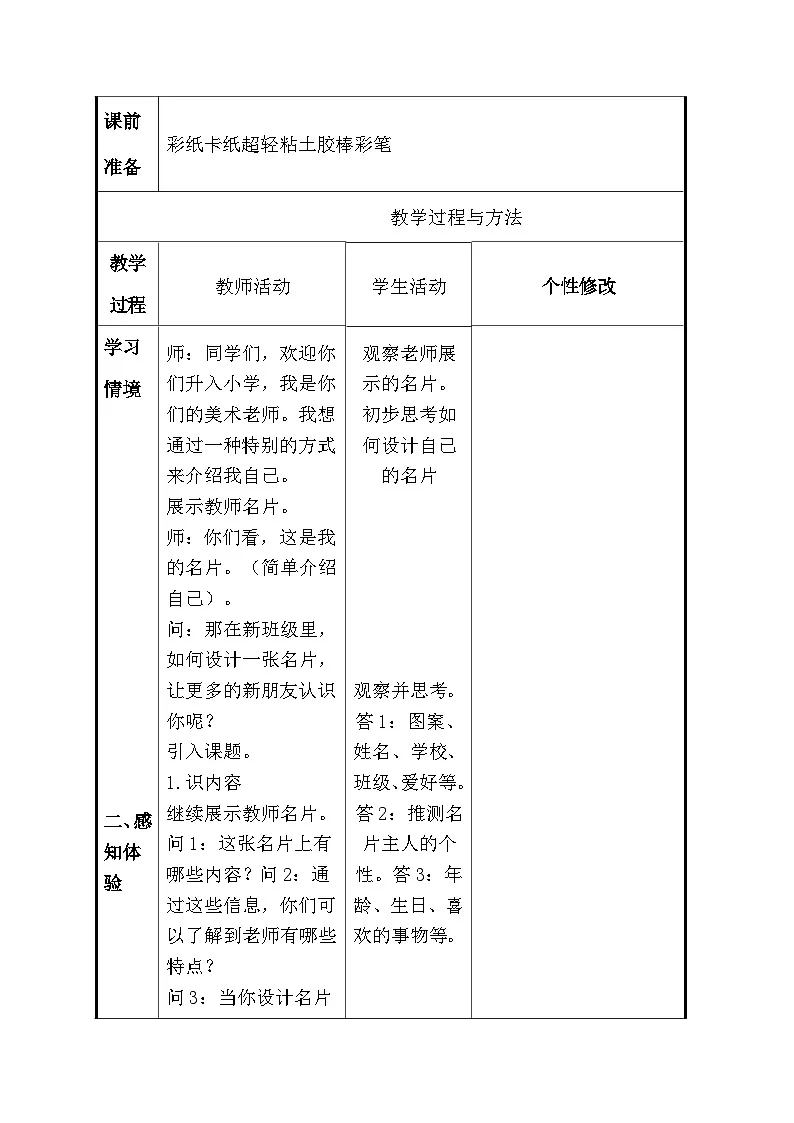 人美版(2024)一年级上册美术第一单元 1、介绍我自己 教案(表格式)第2页
