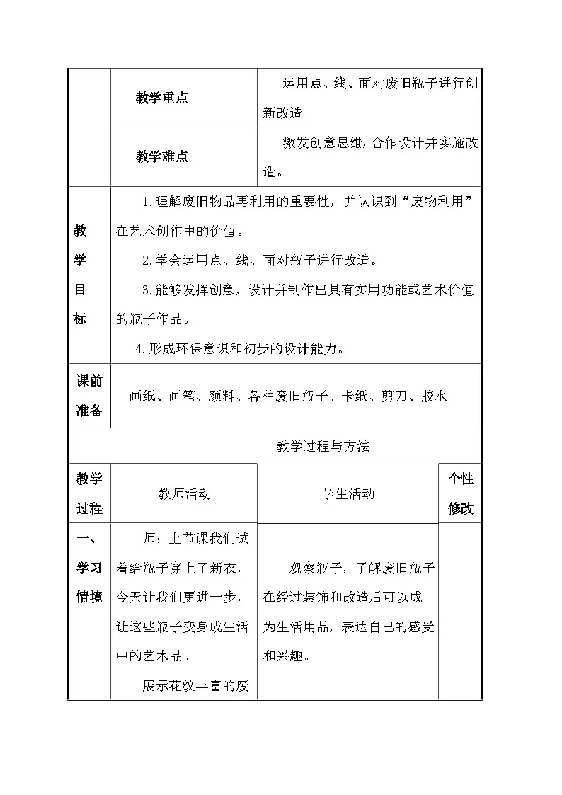 人美版(2024)一年级上册美术第三单元 2、瓶子大变身 教案(表格式)第2页