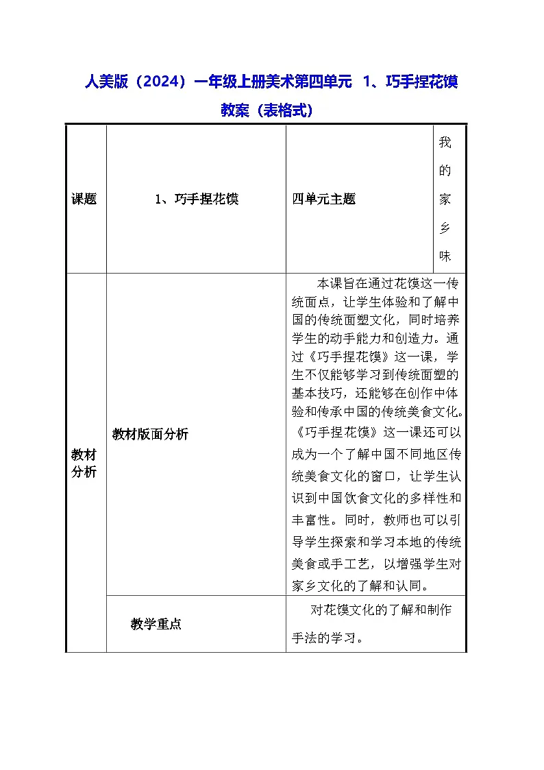 人美版(2024)一年级上册美术第四单元 1、巧手捏花馍 教案(表格式)第1页